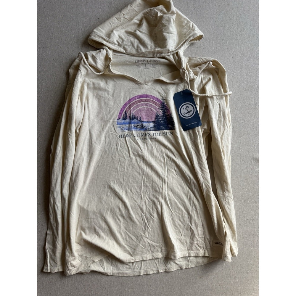 NWT Life Is Good Here Comes The Sun Long Sleeve Hooded Shirt Womens Large